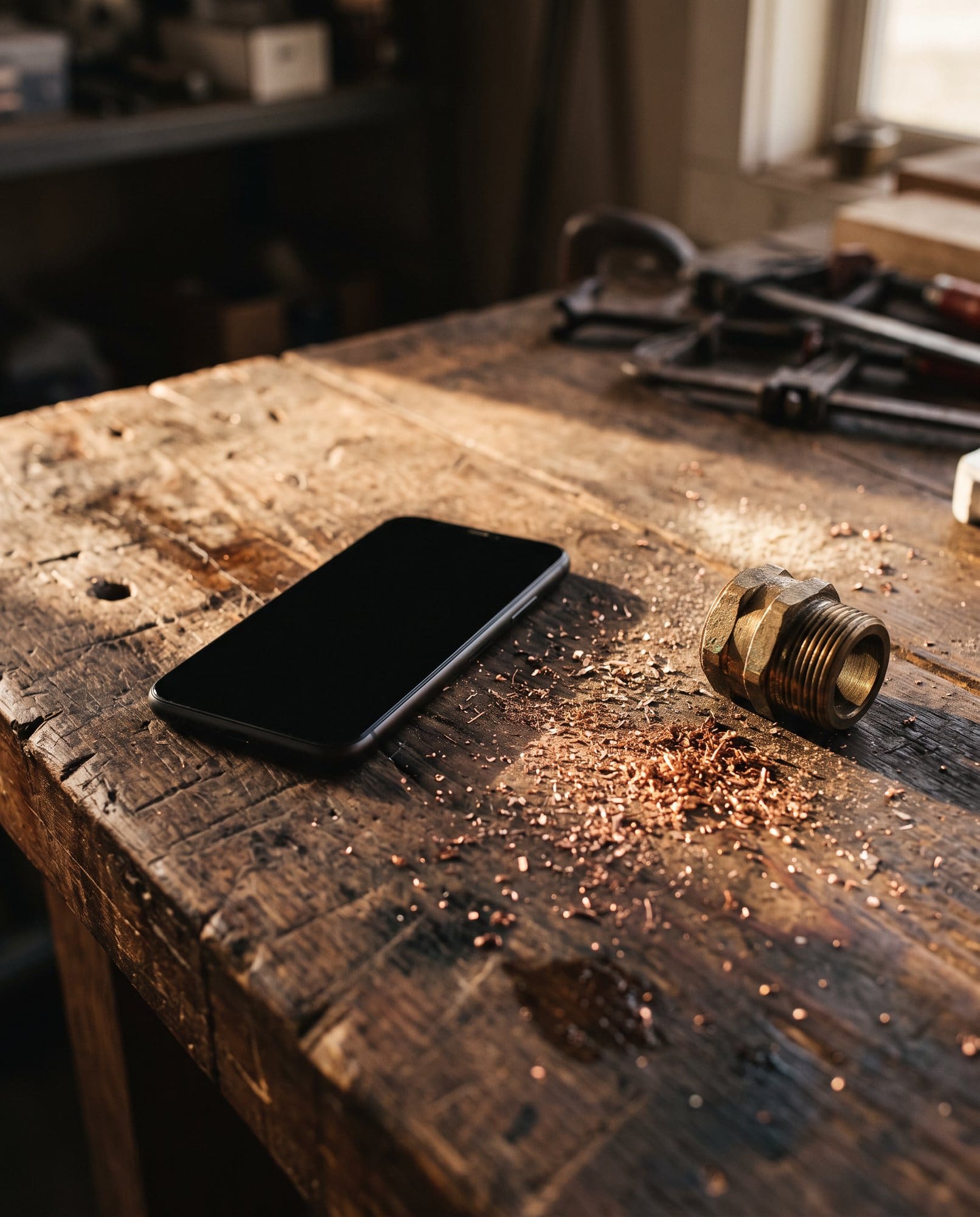 A phone on a workbench beside copper filings